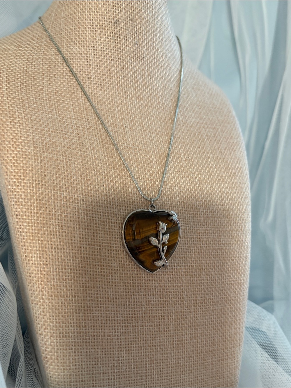Heart Tiger Eye Pendant Necklace with Silver Leaf Accent